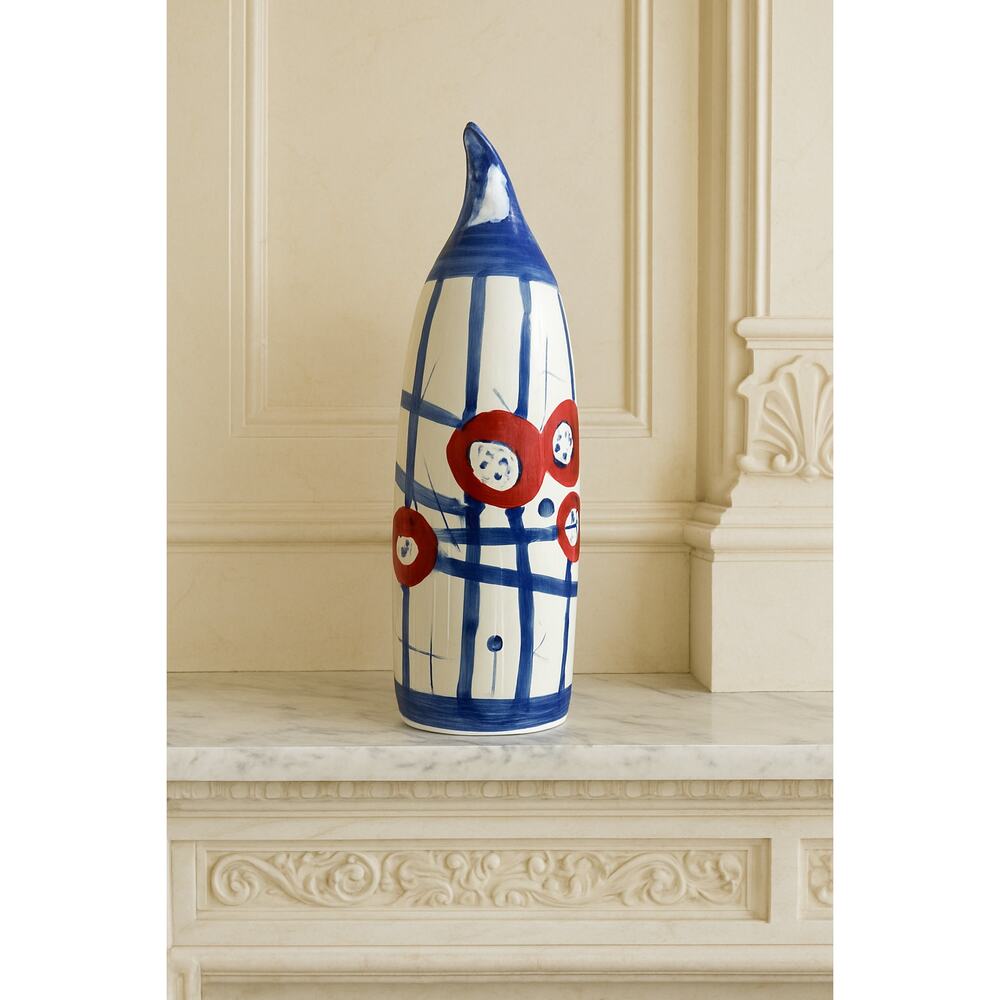 Tall Art Vase Red, White, Blue Glazed Ceramic Wine Vessel With Spout